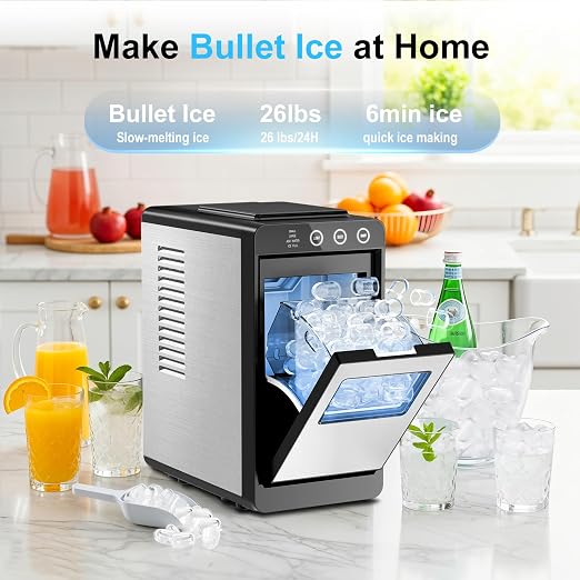 Kismile Countertop Ice Maker, 8 Bullet Cubes in 6 Mins, 26.5lbs in 24Hrs, 2 Ice Sizes, Self-Cleaning Portable Ice Maker with Basket and Scoop, for Home/Office/Camping/RV, Stainless Steel