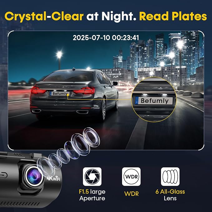 4K+1080P Dash Cam Front and Rear: 15-Min Install 5.8GHz WiFi 20MB/s Fast Download Dual Dash Cameras for Car with GPS - G-Sensor WDR/HDR Super Night Vision 24H Parking Mode by Befumly