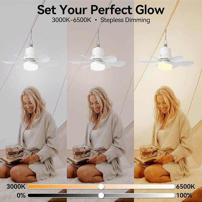 Portable Solar Ceiling Fan with Lights,18.5in Outdoor Fan with Foldable Solar Panel, Remote Control Stepless Dimmable, Timer, 3 Speeds 30dB, Tool-Free Setup for Camping Greenhouse Chicken Coop, White