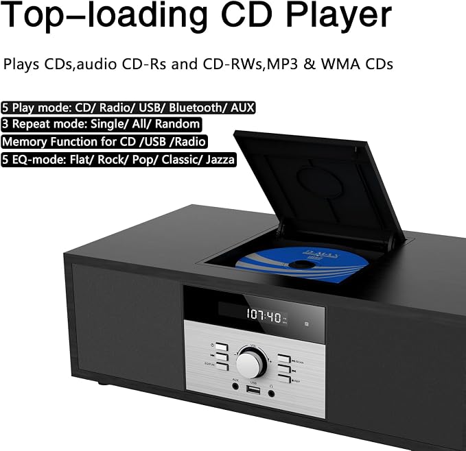 Nostalgic Bluetooth Stereo System for Home, WISCENT Vintage Micro HiFi Systems CD Player,with Bluetooth Audio Streaming,FM Radio,USB Port,Aux-in,Earphone Port (Black CD Player)
