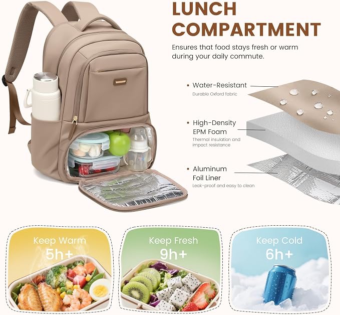 GOLF SUPAGS Lunch Backpack 16 Inch Laptop Backpack with Insulated Cooler Lunch Box Food Bag for College Work Camping Picnics (Champagne)