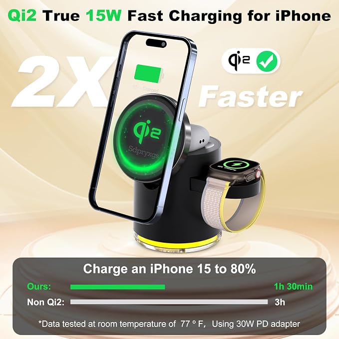 New Generation Qi2 Certified 3 in 1 Magnetic Wireless Charging Station, Compact Fast Charging Station,for Apple iPhone12-17,iWatches,AirPods,Samsung Phones and Watches(30W Adapter Included) (Black)