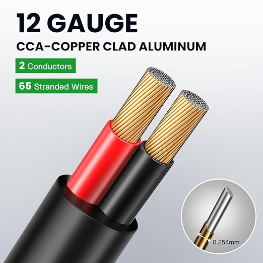 12 Gauge Speaker Wire 200 Feet CL3 Related CCA Black Cable with 2 Conductors for Outdoor Direct Burial Backyard Garden Home Car in-Wall Speaker