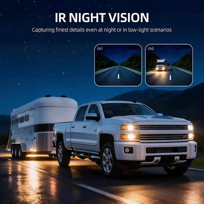 7'' Dual Camera Backup Systems with DVR Recording, IP69 Waterproof Front & Rear View Camera, Loop Recording, Split Screen, 12V-24V