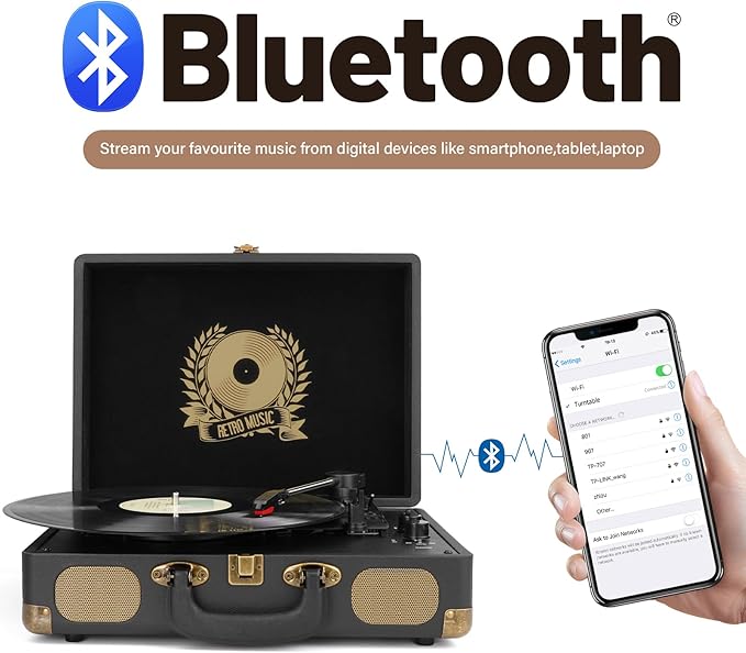 Vinyl Record Player Bluetooth Turntable 3-Speed Suitcase Portable Vintage Belt-Driven Record Player with Built-in Speakers RCA Line Out AUX in Headphone Jack LP Recording to Convert Records to MP3