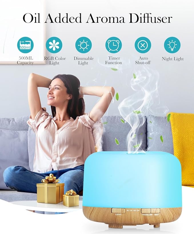 Essential Oil Diffuser 500ml-Humidifier,Aroma Diffuser for Home with 7 Colors Light,Remote Control Air Diffuser for Large Room,Bedroom,Office(Light Wood)