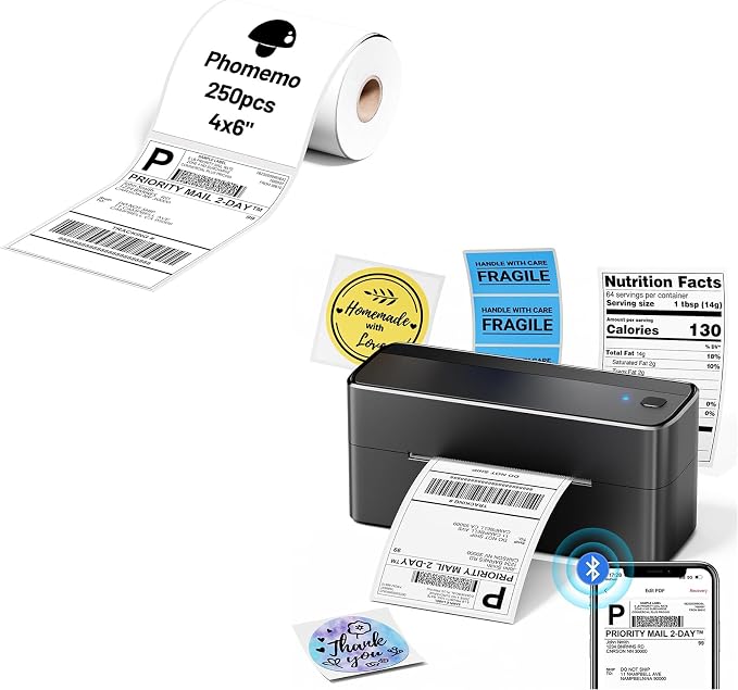 Phomemo 241BT Shipping Label Printer & Packs of 250pcs 4x6 Thermal Labels