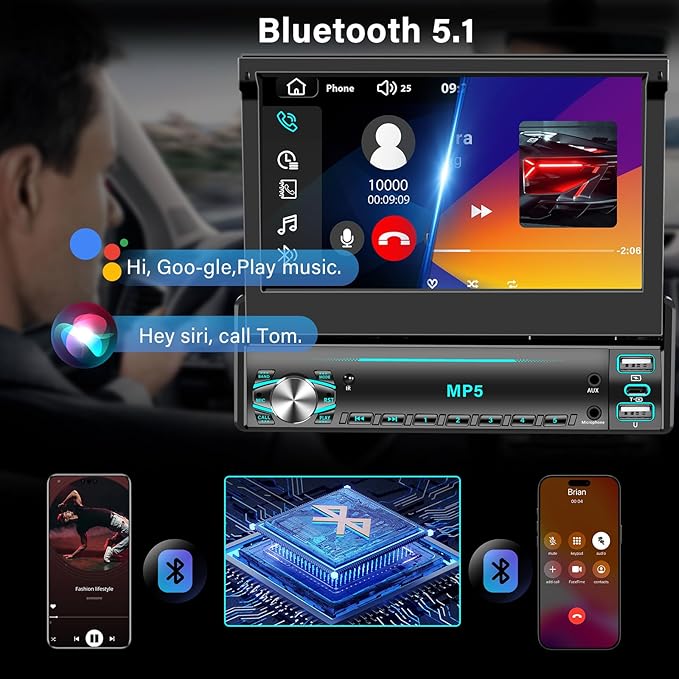 Single DIN Touchscreen Radio, Flip Up Screen Car Stereo with Bluetooth, Flip Out Single DIN Radio Supports MirrorLink, FM Radio, EQ, 1080P, USB, Aux-in HD Backup Camera & SWC for Car Audio Upgrade