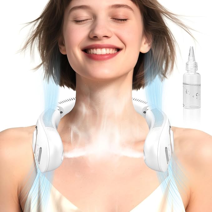Neck Fan that Blow Cold Air with Mist, 5 Speeds USB-C Rechargeable 4000mAh Battery, Folding Personal Mister with LED Display, Bladeless Wearable Neck Air for Kids Women Men Outside Sports Work, White