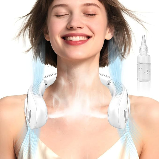 Neck Fan with Mist Spray, Portable Neck Fans that Blow Cold Air,Folding Bladeless Personal Fan Mister,Quiet Headphones USB-C Rechargeable Battery Operated Cooling Mising Fan for Women Men Kids White