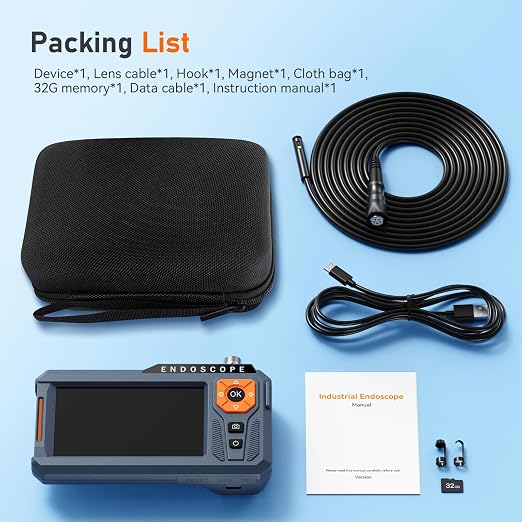 Triple Lens Borescope with 32G Card, Ginocaco 5" IPS Endoscope Camera with Light Support Photo/Video, IP67 Waterproof Snake Camera with Semi-Rigid Cable for Automotive, Plumbers, HVAC(16.4Ft)