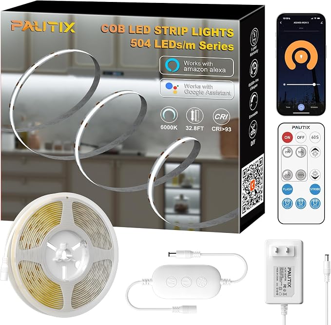 PAUTIX COB LED Strip Light Daylight White 6000K 504LEDs/m,CRI90+ 32.8ft/10m Dimmable 24V LED Tape Lights Kit,Work with Alexa/Google Assistant,for Under Cabinet Bedroom Kitchen DIY Lighting