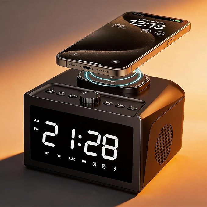 Multifunctional Wireless Charger, Wireless Charging Station with Time and Alarm Clock, Charging Dock with Bluetooth Speaker, 15W Wireless Fast Charging, All-in-One Charging Base,S31 Black.