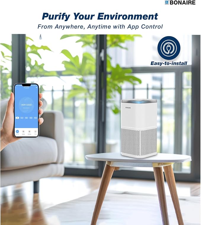 Bonaire Air Purifier for Home Allergies, Pets Hair In Bedroom upto 1380 ft², 3-in-1 HEPA13 Filter, Sleep, Auto Mode, PM2.5, WiFi, Remove Dust Smoke Hair Pollen Pollutants Odor, 27db Quiet, White, A4S