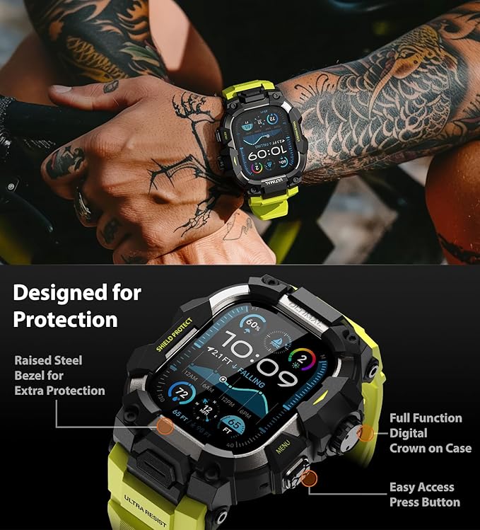 ULTIMAL Rugged Case with Band for Apple Watch 49mm,Compatible with Apple Watch Ultra 3/2/1, Military Grade Shockproof Bumper Cover for iWatch Tactical Band Men (49mm,Fluorescent Green)