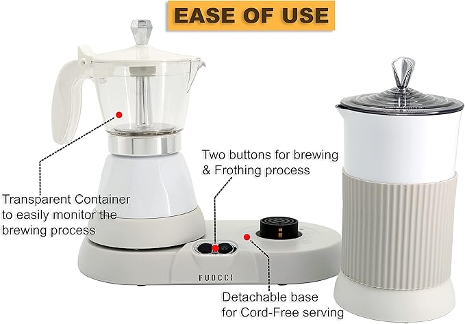 FUOCCI Electric Moka Pot with Milk Frother – 3-Cup (150 ml) Modern Espresso Maker for Coffee, Cappuccino, Latte, Mocha & Cuban, White