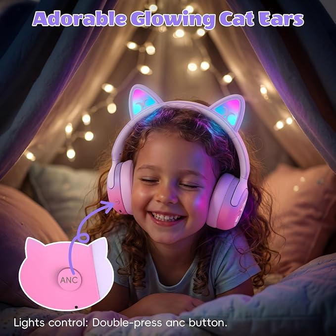 Candy Bila Kids Bluetooth Headphones with LED Cat Ears, Active Noise Cancelling Headphones, 85dB Safe Volume, 40H Play Time, Bluetooth 6.0, Built-in Mic for iPad/Tablet/Airplane, Purple