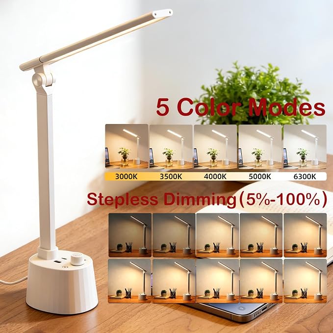 BOHON Small Desk Lamp with USB C Charging Port, Stepless Dimming 5 Colors Reading Light, Space-Saving Rotating Head Desk Lamp for Home Office, Dorm, Bedroom, White