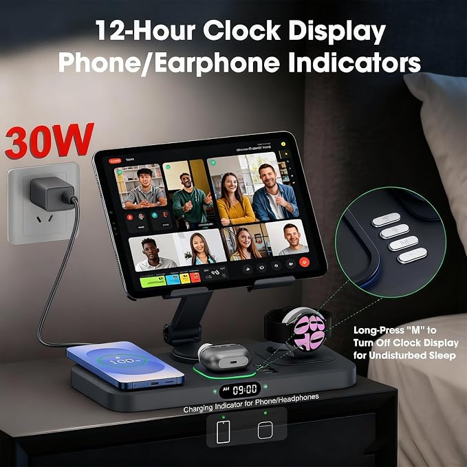 30W Tablet Wireless Charger for Samsung, Foldable Android Charging Station with Clock Display with 7-Color Light, Wireless Watch Charger for S25, Only Compatible Samsung Watch, Galaxy Buds3 Pro(Black)