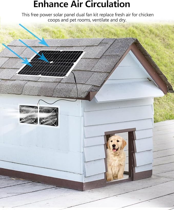 Solar Powered Fan, 25W Solar Fan for Chicken Coop, Solar Exhaust Fan for Greenhouse, Shed, Pet Houses, Outside with Two 5In IP65 Waterproof Fans, 10Ft Cable, On/Off Switch, Intake or Exhaust