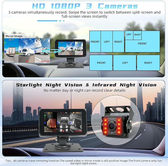 VSYSTO 3CH 5G WiFi Truck Dash Camera, Parking Guard, Infrared Night Vision, Turn Detection, Bluetooth 5 Inch Touchscreen GPS HD 1080P Front & Sides Backup Camera System for Semi Trailer Van Tractor RV
