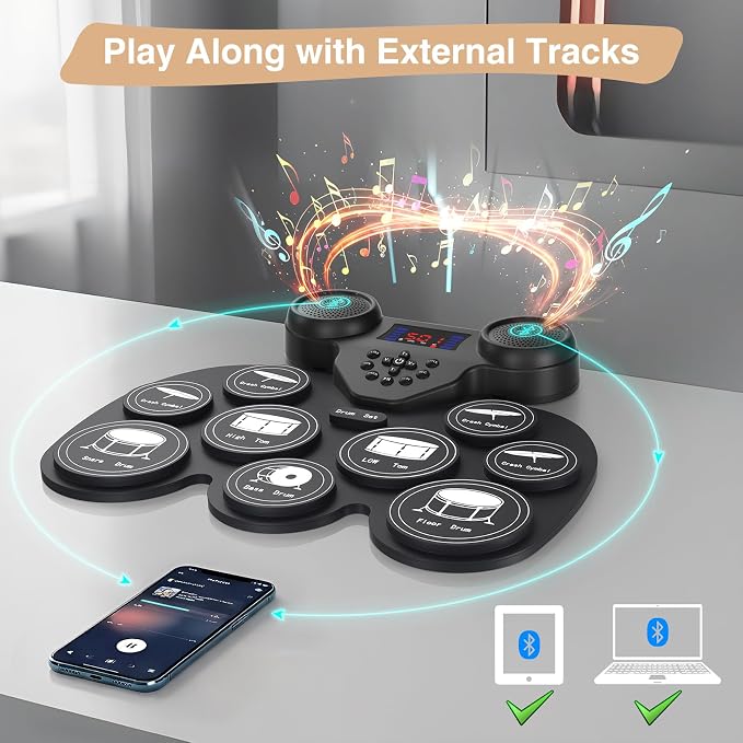 Electric Drum Set with 7 Colorful LED Light Patterns, Enhanced Rebound Feel, 9 Pads, Bluetooth MIDI, Dual Speakers for Kids and Adult Beginners