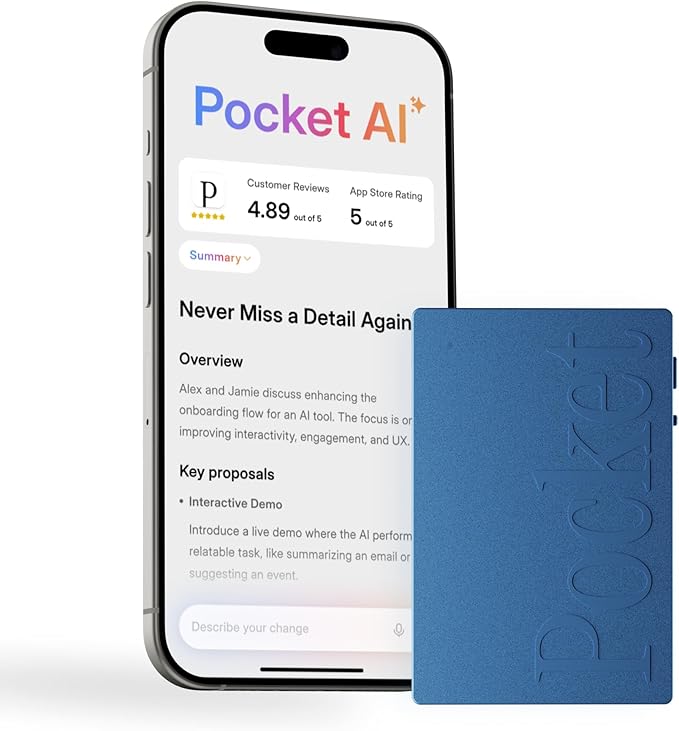 Pocket AI Voice Recorder & Smart Assistant – Auto Transcription, Summaries & Action Items – AI Note Taker for Meetings, Calls & Productivity - Sierra Blue