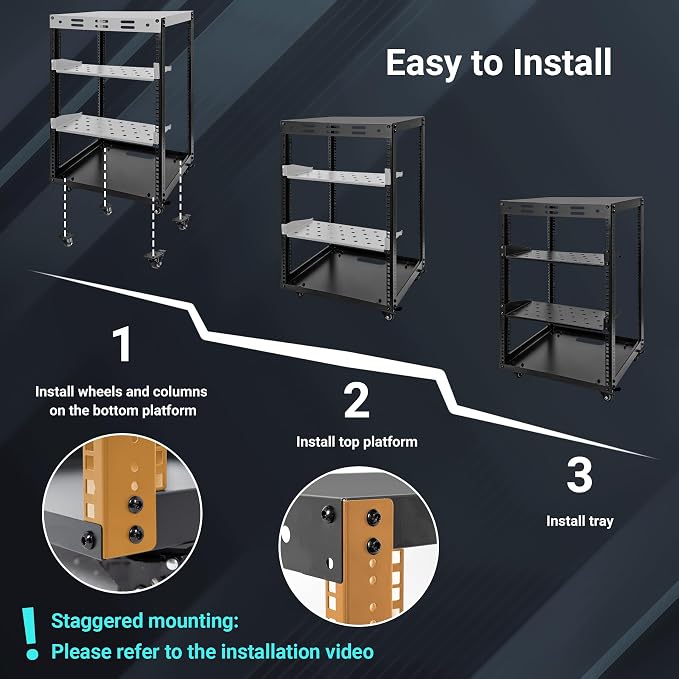 15U Open Frame Server Rack, Wall-mountable IT Rack w/Swivel Casters, 2 Rack Shelves, Top & Bottom Panels, Network Rack for Stereo/Computer/Data/IT/AV Equipment, 19.7”L x 18.8”W x 32.3”H