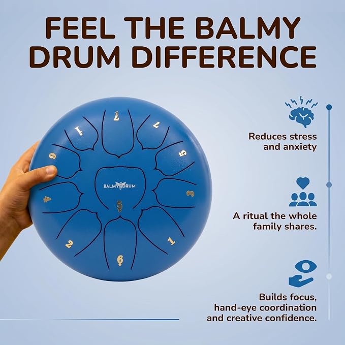 Balmy Drum Steel Tongue Drum 10 inch 11 Notes 440Hz, Handpan Drum with Music Book, Mallets, Carry Bag, Finger Picks, Rain Drum for Outdoor, Meditation Yoga Calming Instruments for Adults Kids (Blue)