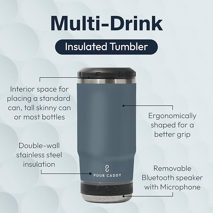 Vibe 4 In 1 Bluetooth Speaker Cup, Insulated Can and Bottle Holder for Hot or Cold Drinks, Double Wall Stainless Steel Drinkware, Fits 12 oz Cans or 14 oz Liquid, Gray