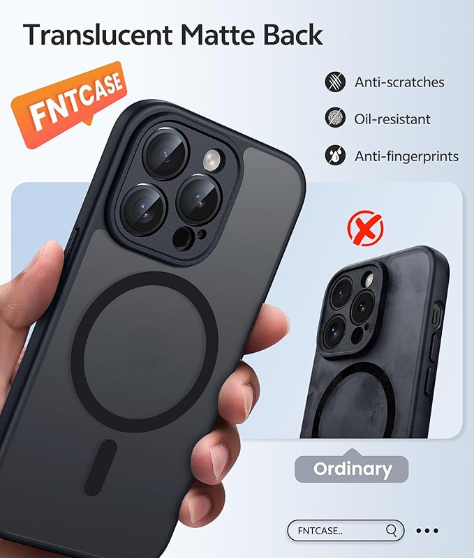 FNTCASE for iPhone 14 Pro Case: [Compatible with Magsafe] Translucent Matte Cases with [Full Camera Protection] [Screen Protector] Military Grade Shockproof Protective Phone Cover - Black