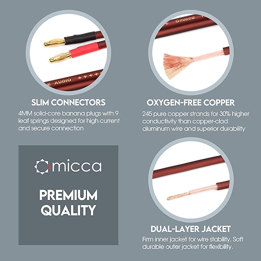 Micca 14 Gauge Pure Copper Speaker Cables, 13 Feet Each (4 Meters), 2 Pack Pair, Gold Plated Banana Plugs Connectors, Soldered Construction, Slim Design, 245 Strands, for Stereo or Home Theater
