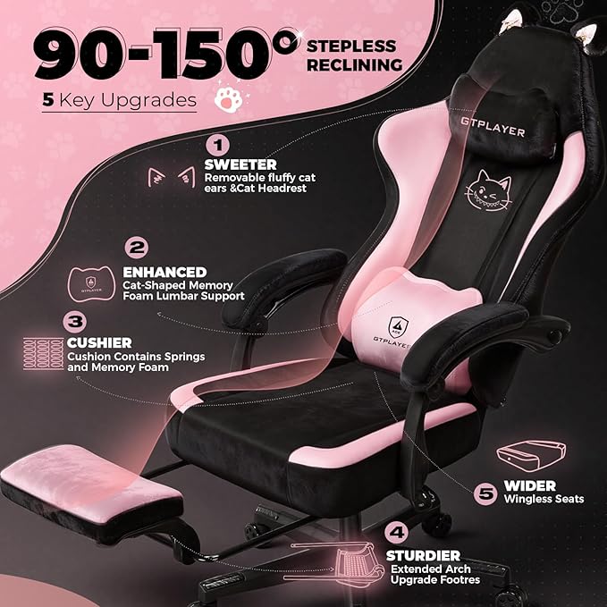 GTPOFFICE Cute Gaming Chair with Cat Ears,Ergonomic Computer Chair with Footrest Cat Paw Lumbar Support Comfortable Reclining Game Chair Desk Chair for Adult Teens, Soft Fabric, Pink Black