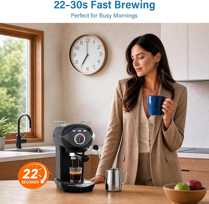 XIXUBX Espresso Machine, 20Bar Compact Espresso Maker with Milk Frother, PID Temperature Control, Low Vibration Coffee Maker for Small Kitchen, Home, Brews Latte, Cappuccino