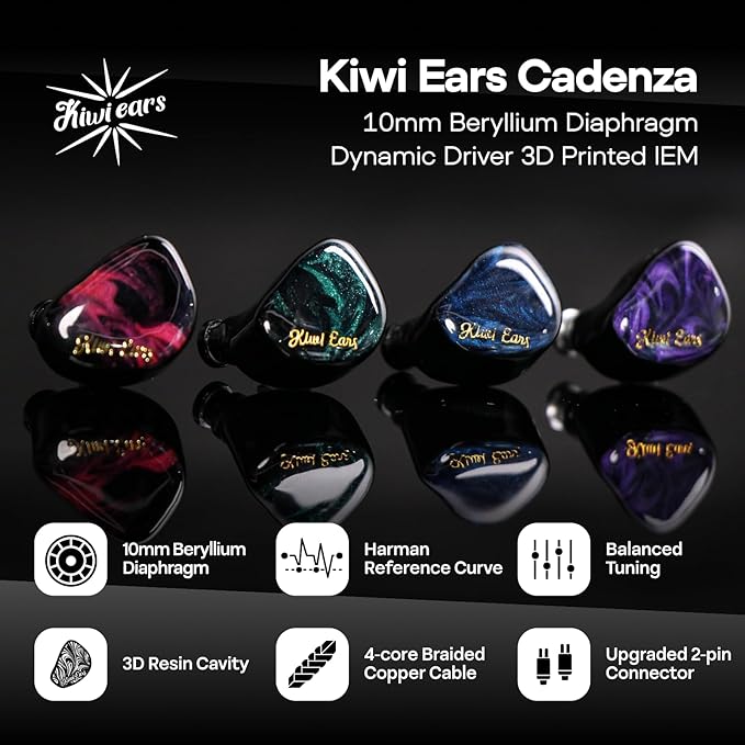 Linsoul Kiwi Ears Cadenza 10mm Beryllium Dynamic Driver IEM 3D Printed with Detachable Interchangeable Plug 0.78 2pin 3.5mm IEM Cable for Musician Audiophile (Green)