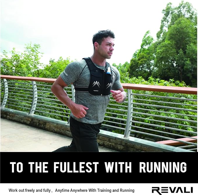 REVALI Running Vest, USA Original Patent, Zip Reflective Running Vests with 500ml Hydration Bottle, Adjustable Waistband & Breathable Material, Chest Pack Gear Phone Holder for Men & Women