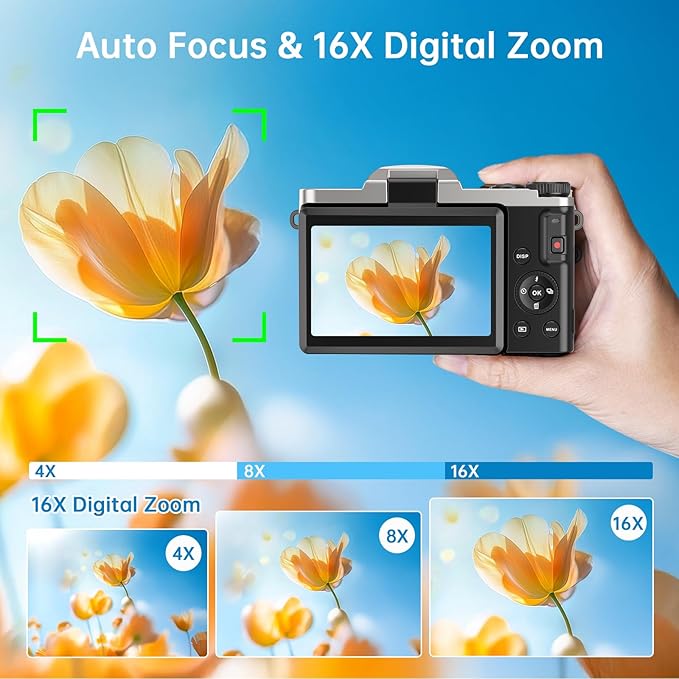 4K Digital Camera for Photography with WiFi 64MP Auto-Focus Vlogging Camera for YouTube Video 3'' 180° Flip Screen 4K Cameras 16X Zoom Anti-Shake Compact Point and Shoot Cameras with SD Card