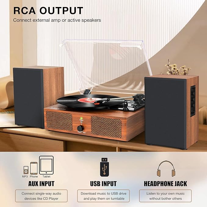Vinyl Record Player with Upgraded Speakers and USB,Belt-Driven Bluetooth Turntable with 3 Speed AUX Input Headphone Jack and RCA Output