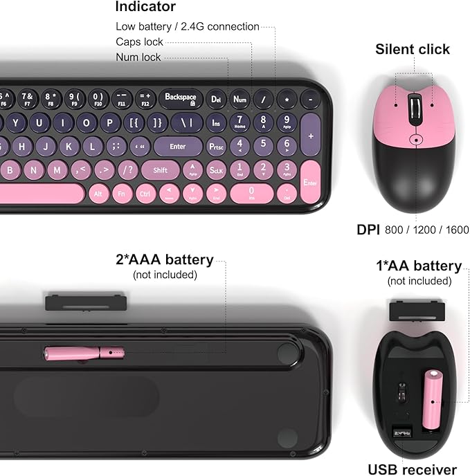 MOFII Wireless Keyboard and Mouse Combo, Compact Typewriter Retro Round Computer Keyboard and Mouse Set, Plug and Play, for Windows, Computer, Desktop, PC, Notebook - (Plum Pink Gradient)