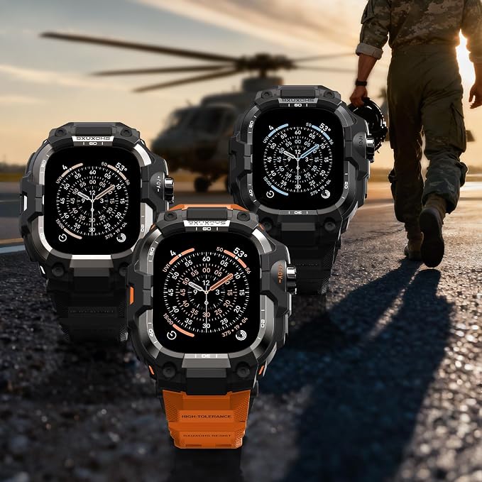 BXUXOHS Rugged Case and Band for Apple Watch 46mm Men, Compatible with Apple Watch Series 11/10, Military Grade Shockproof Bumper Cover, Tactical Band Case for iWatch 11/10 Man, Orange