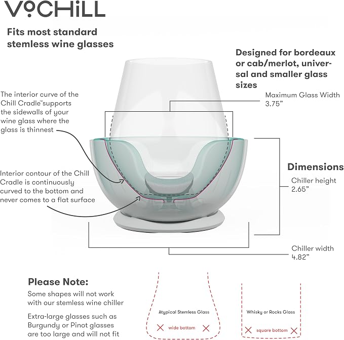 VoChill Stemless Wine Glass Chiller | Keep the Chill In Your Glass | Made In USA | Separable & Refreezable Chill Cradle | Actively Chills Stemless Glassware | Quartz, Pair Stemless