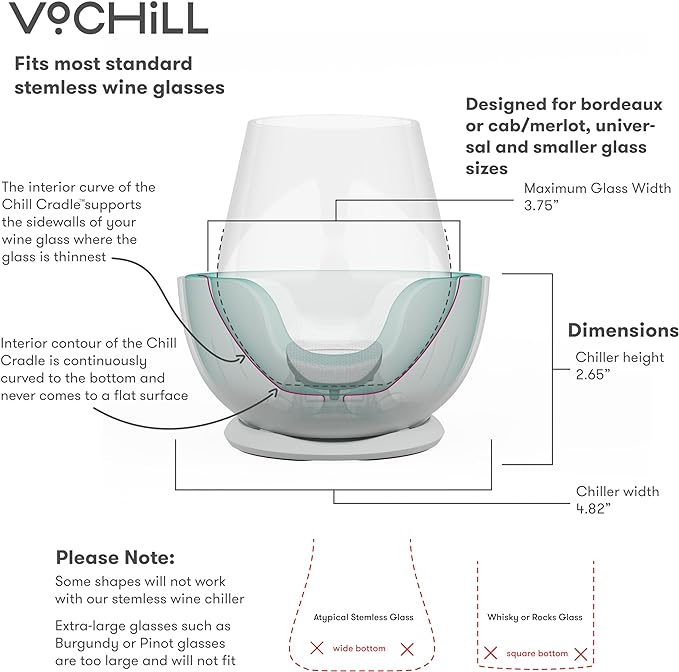 VoChill Stemless Wine Glass Chiller | Keep the Chill In Your Glass | Made In USA | Separable & Refreezable Chill Cradle | Actively Chills Stemless Glassware | Stone, Single Stemless