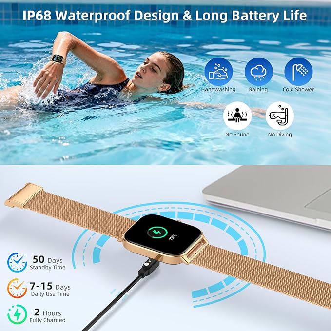 Smart Watch For Women Android/iPhone: Fitness Trackers Smartwatch 1.85" Bluetooth Calls Answer/Make IP68 Waterproof Womens Watches Activity Pedometer Heart Rate Monitor 130+ Sports Model 3 Bands