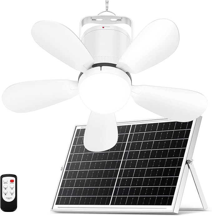 Solar Ceiling Fan Light, 25W Solar Powered Portable Gazebo Fan with Remote, Wireless Battery Operated Ceiling Fan Light Outdoor, Tent fan for Camping RVs Patio Canopy Chicken Coop Outside