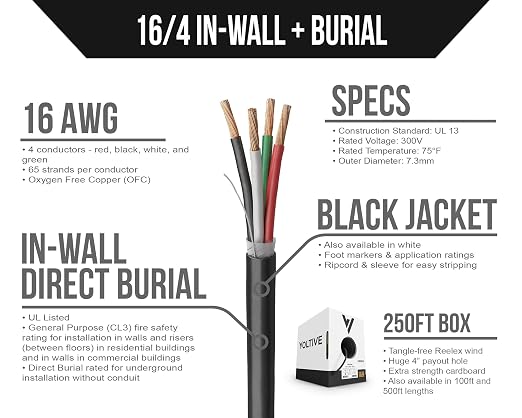 Voltive 16/4 Speaker Wire, in-Wall CL3 & Direct Burial, Black, 250ft - 16AWG, 4 Conductors, Stranded Oxygen-Free Copper, UL Listed - V-1211-3