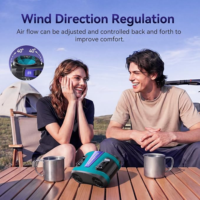Doublepow 24000mAh Portable Waist Fan, Personal Fan, Dual Air Ducts Motors, 2026 Upgrade Equipped Charging Dock Storm Mode 1-100 Roller Adjustmen, Wearable Neck Clip On Belt, for Outdoor, Work (Blue)