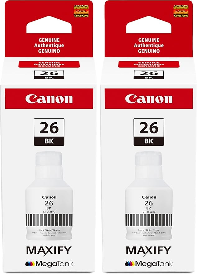 Canon GI-26 Black Ink Bottle, Compatible to GX7020 and GX6020 Supertank Printers (Pack of 2)