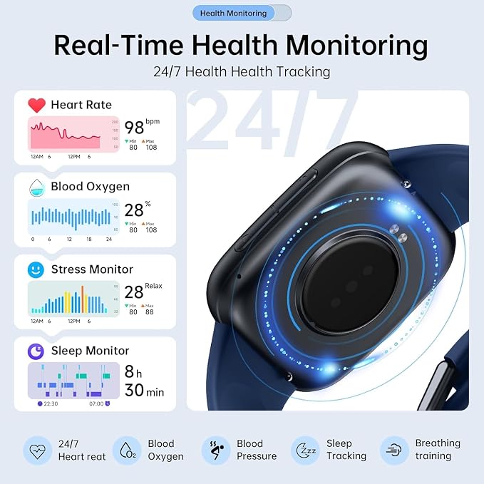 Quican Smart Watches for Men Women, 1.85" HD AMOLED Smart Watchfor iPhone & Android, 12-Day Battery, 3ATM Waterproof,Bluetooth Calls/Messages, Health Monitor, 120+ Sports ModesFitness Watch, 2 Bands
