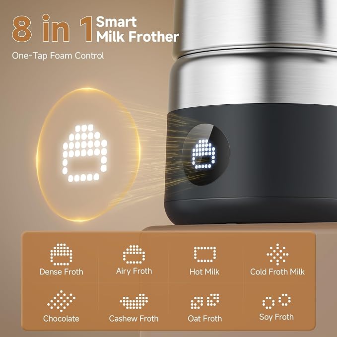 Milk Frother and Steamer [Upgraded], AMZCHEF All-in-1 Detachable Frother for Coffee 600W, Automatic Warm and Cold Foam Maker, Stainless Steel Jug, Dishwasher Safe, LED Display