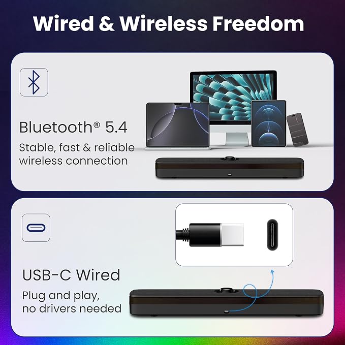 PHILIPS PC Sound Bar, Computer Speakers for Desktop, Bluetooth 5.4 Soundbar with Built-in Microphone, Clear Audio, RGB Lights with Volume Knob, USB Playback, for Laptop, Monitor, Gaming Setup